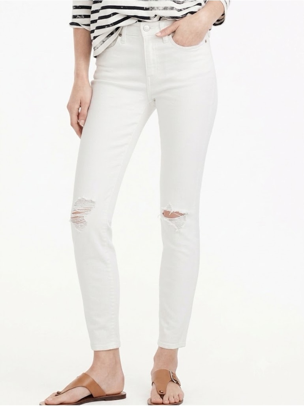 J.Crew Lookout High Rise Crop White Distressed Skinny Jeans with Knee Rips